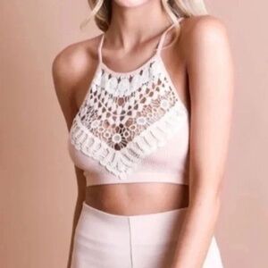 Blush Light Pink Boho Crochet Lace Detail High Neck Bralette